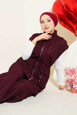 Bel Tünelli Kabartma Desen Yelekli Takım Burgonya - Thumbnail