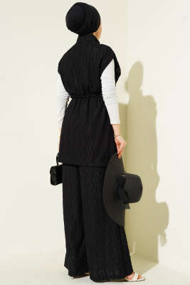 Bel Tünelli Kabartma Desen Yelekli Takım Siyah - Thumbnail