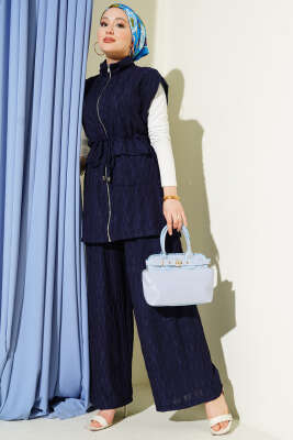 Bel Tünelli Kabartma Desen Yelekli Takım Lacivert - Thumbnail
