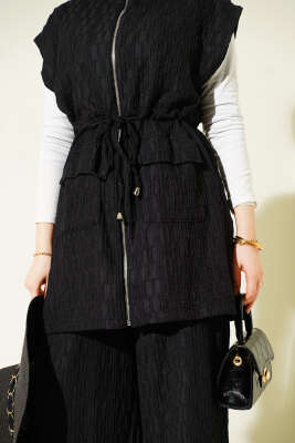 Bel Tünelli Kabartma Desen Yelekli Takım Siyah - Thumbnail