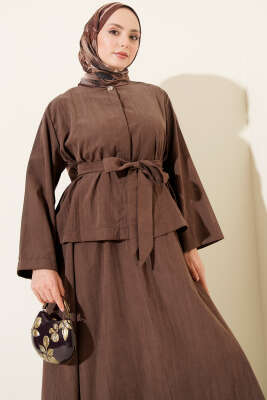 Gold Düğme Detaylı Tensel Etekli İkili Takım Kahve - Thumbnail