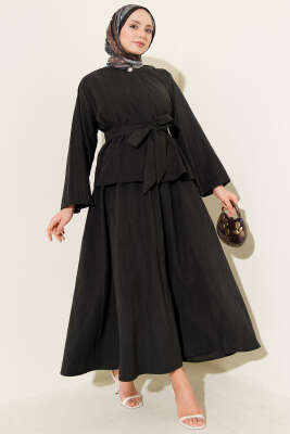 Pazarium - Gold Düğme Detaylı Tensel Etekli İkili Takım Siyah