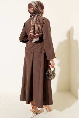 Gold Düğme Detaylı Tensel Etekli İkili Takım Kahve - Thumbnail