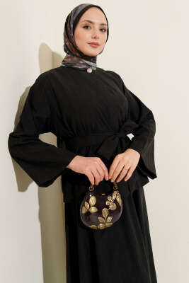 Gold Düğme Detaylı Tensel Etekli İkili Takım Siyah - Thumbnail