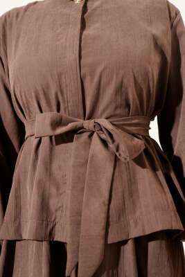 Gold Düğme Detaylı Tensel Etekli İkili Takım Kahve - Thumbnail