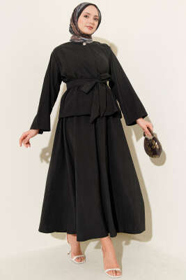 Gold Düğme Detaylı Tensel Etekli İkili Takım Siyah - Thumbnail