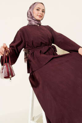 Gold Düğme Detaylı Tensel Etekli İkili Takım Mürdüm - Thumbnail