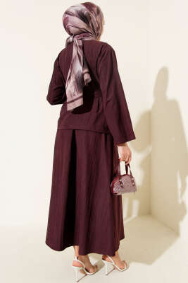 Gold Düğme Detaylı Tensel Etekli İkili Takım Mürdüm - Thumbnail