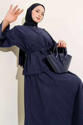 Pazarium - Gold Düğme Detaylı Tensel Etekli İkili Takım Lacivert