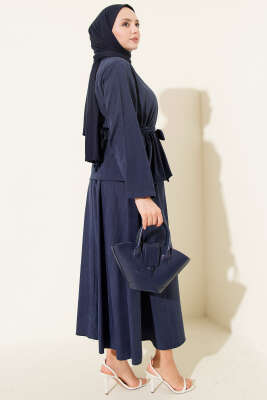 Gold Düğme Detaylı Tensel Etekli İkili Takım Lacivert - Thumbnail