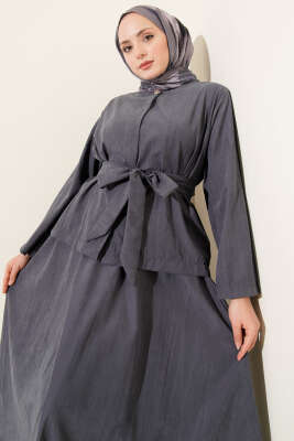 Gold Düğme Detaylı Tensel Etekli İkili Takım Kayrak Grisi - Thumbnail