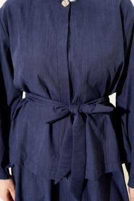 Gold Düğme Detaylı Tensel Etekli İkili Takım Lacivert - Thumbnail