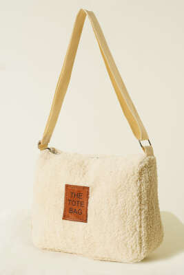 Peluş Omuz Askılı Tote Çanta Bej - Thumbnail