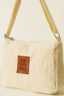 Peluş Omuz Askılı Tote Çanta Bej - Thumbnail