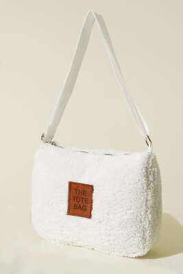 Peluş Omuz Askılı Tote Çanta Beyaz - Thumbnail