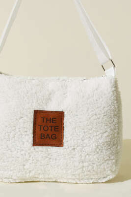 Peluş Omuz Askılı Tote Çanta Beyaz - Thumbnail