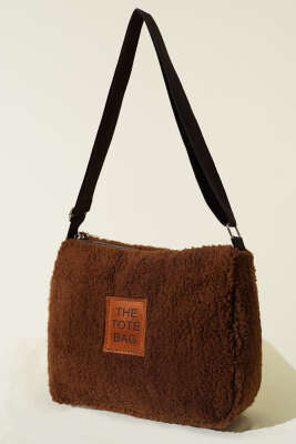 Peluş Omuz Askılı Tote Çanta Kahve - Thumbnail