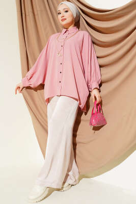 Yarasa Kol Kolyeli Oversize Gömlek Pudra - Thumbnail