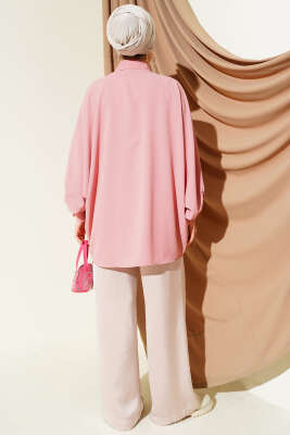 Yarasa Kol Kolyeli Oversize Gömlek Pudra - Thumbnail