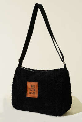 Pazarium - Peluş Omuz Askılı Tote Çanta Siyah Taba