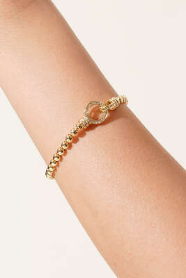 Pazarium - Boncuklu Taşlı Kilit Detaylı Bileklik Gold