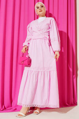 Pazarium - Dantelli Önden Bağlamalı Takım Pembe