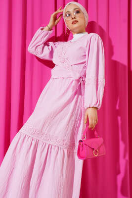 Dantelli Önden Bağlamalı Takım Pembe - Thumbnail