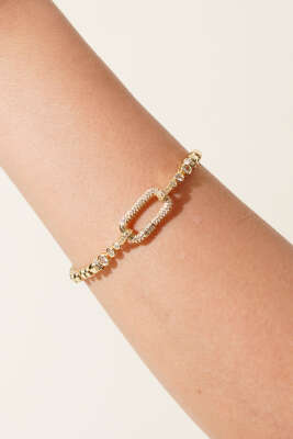 Pazarium - Taşlı Oval Halka Detaylı Bileklik Gold