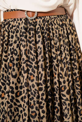 Kemerli Leopar Desen Tül Etek Bej - Thumbnail