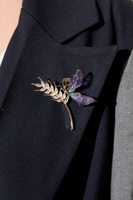 Pazarium - Başak Detaylı Kristal Taşlı Broş Lila