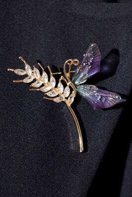 Başak Detaylı Kristal Taşlı Broş Lila - Thumbnail