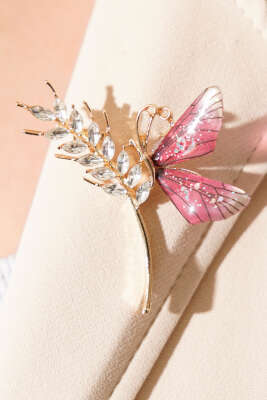 Başak Detaylı Kristal Taşlı Broş Fuşya - Thumbnail
