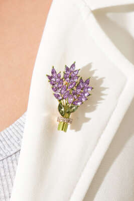 Lavanta Buketi Figürlü Kristal Taşlı Gold Broş Lila - Thumbnail