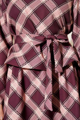 Ekoseli Desenli Etekli Bluzlu Takım Mürdüm - Thumbnail