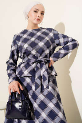 Ekoseli Desenli Etekli Bluzlu Takım Lacivert - Thumbnail