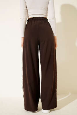 Yan Şeritli Bel Lastikli Palazzo Pantolon Kahve - Thumbnail