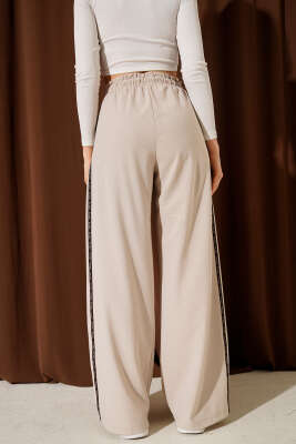 Yan Şeritli Bel Lastikli Palazzo Pantolon Bej - Thumbnail