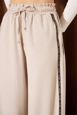 Yan Şeritli Bel Lastikli Palazzo Pantolon Bej - Thumbnail