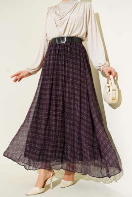 Pötikare Kemerli Kırışık Şifon Etek Mürdüm - Thumbnail