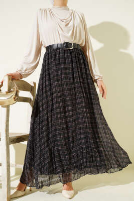 Pazarium - Pötikare Kemerli Kırışık Şifon Etek Haki