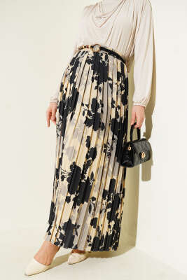 Desenli Pileli Beli Lastikli Etek Siyah - Thumbnail