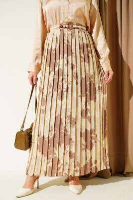 Desenli Pileli Beli Lastikli Etek Bej - Thumbnail