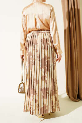 Desenli Pileli Beli Lastikli Etek Bej - Thumbnail