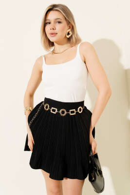 Şort Astarlı Piliseli Mini Etek Siyah - Thumbnail