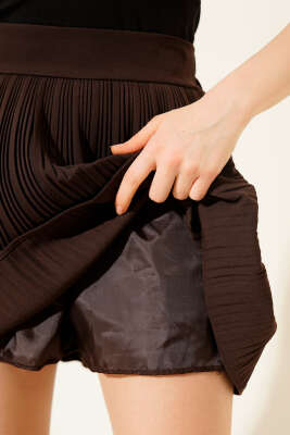 Şort Astarlı Piliseli Mini Etek Kahve - Thumbnail