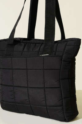 Kapitone Puffer Tote Çanta Siyah - Thumbnail