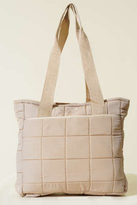 Kapitone Puffer Tote Çanta Bej - Thumbnail