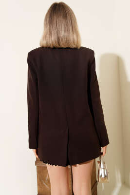 Cepli Tek Düğmeli Blazer Ceket Kahve - Thumbnail