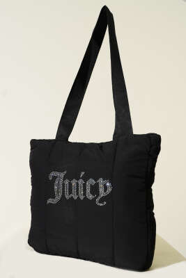 Juicy Yazılı Kristal Taş Detaylı Şişme Omuz Çantası Siyah - Thumbnail