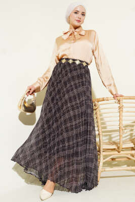 Çizgili Bel Lastikli Şifon Etek Antrasit - Thumbnail